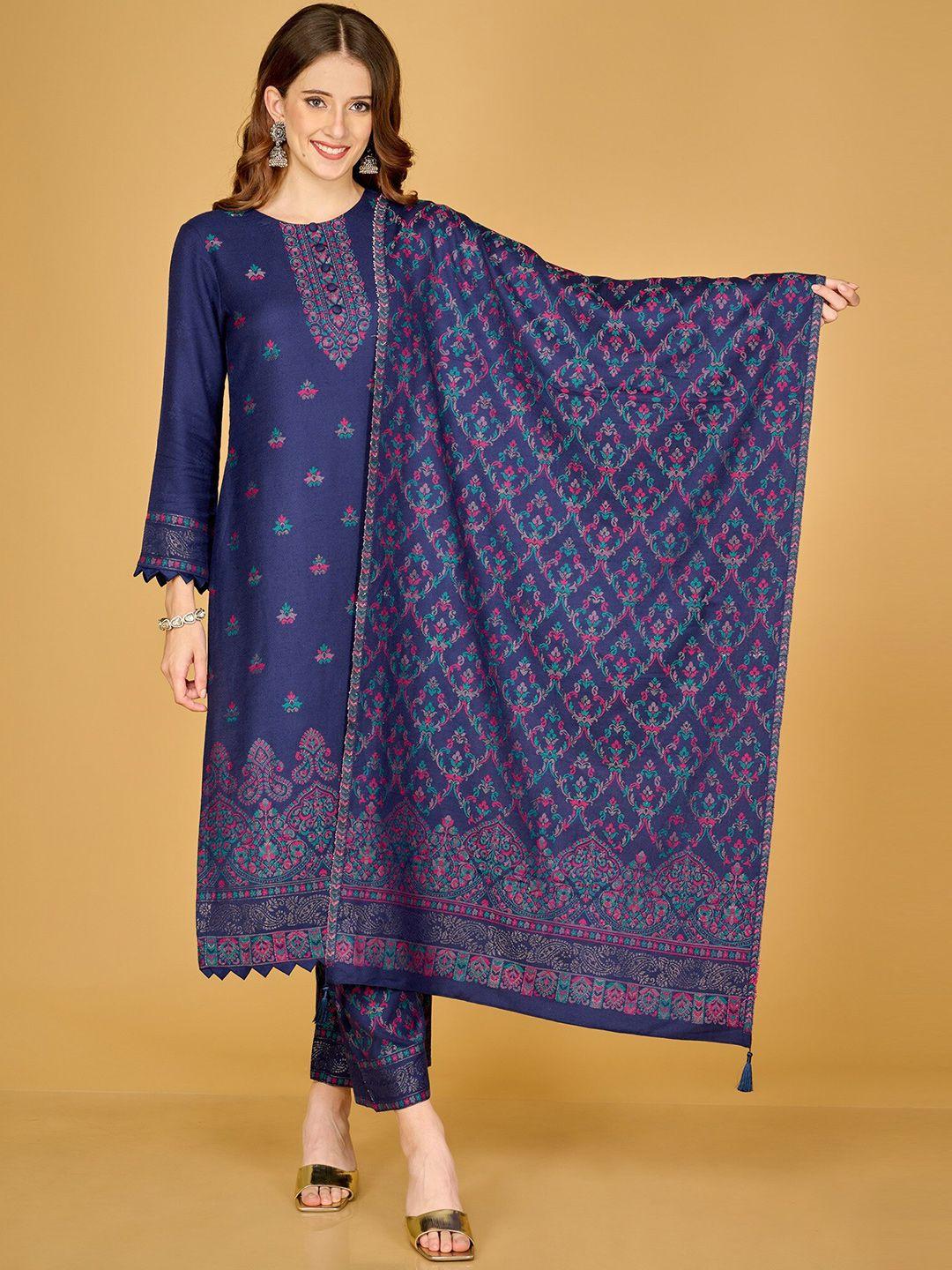 safaa women navy blue & red floral woven design unstitched dress material