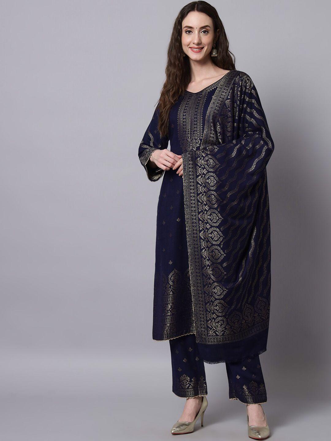 safaa women navy blue & silver-toned woven design unstitched dress material