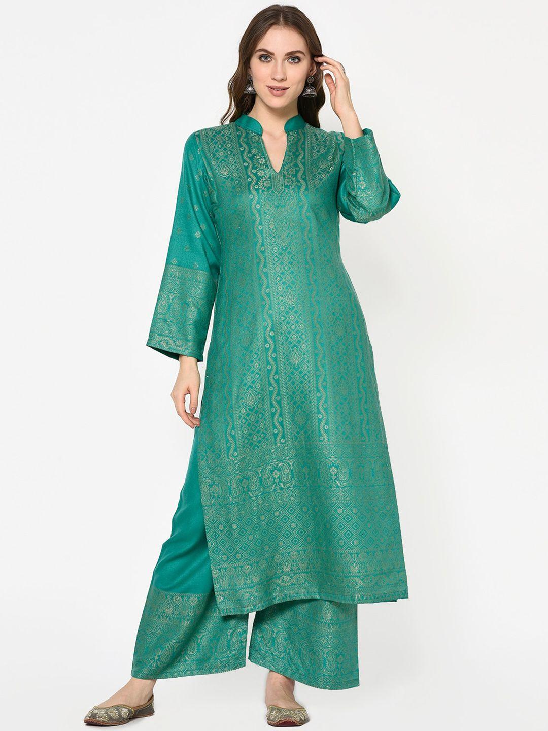 safaa women sea-green viscose acrylic woven design suit unstitched dress material for winter