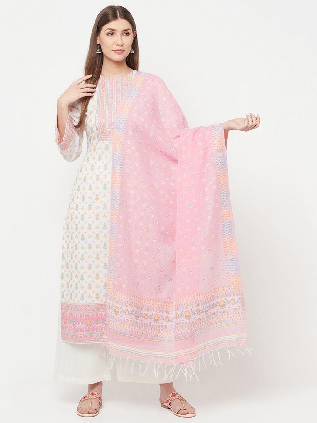 safaa women white & pink ethnic motifs woven design unstitched dress material