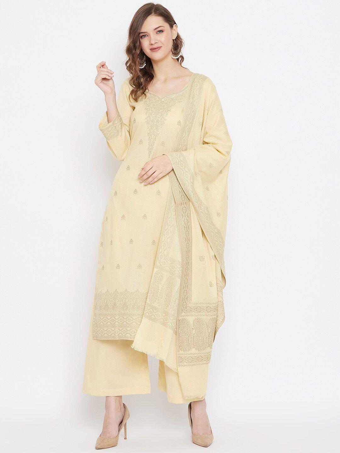 safaa women yellow & gold-toned woven design unstitched dress material