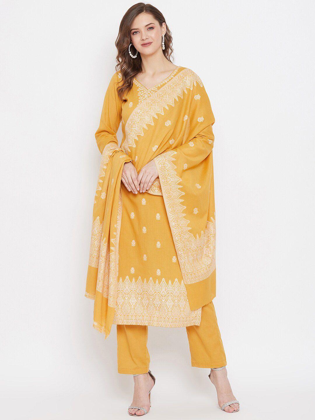 safaa women yellow & off white ethnic motifs woven cotton blend unstitched dress material