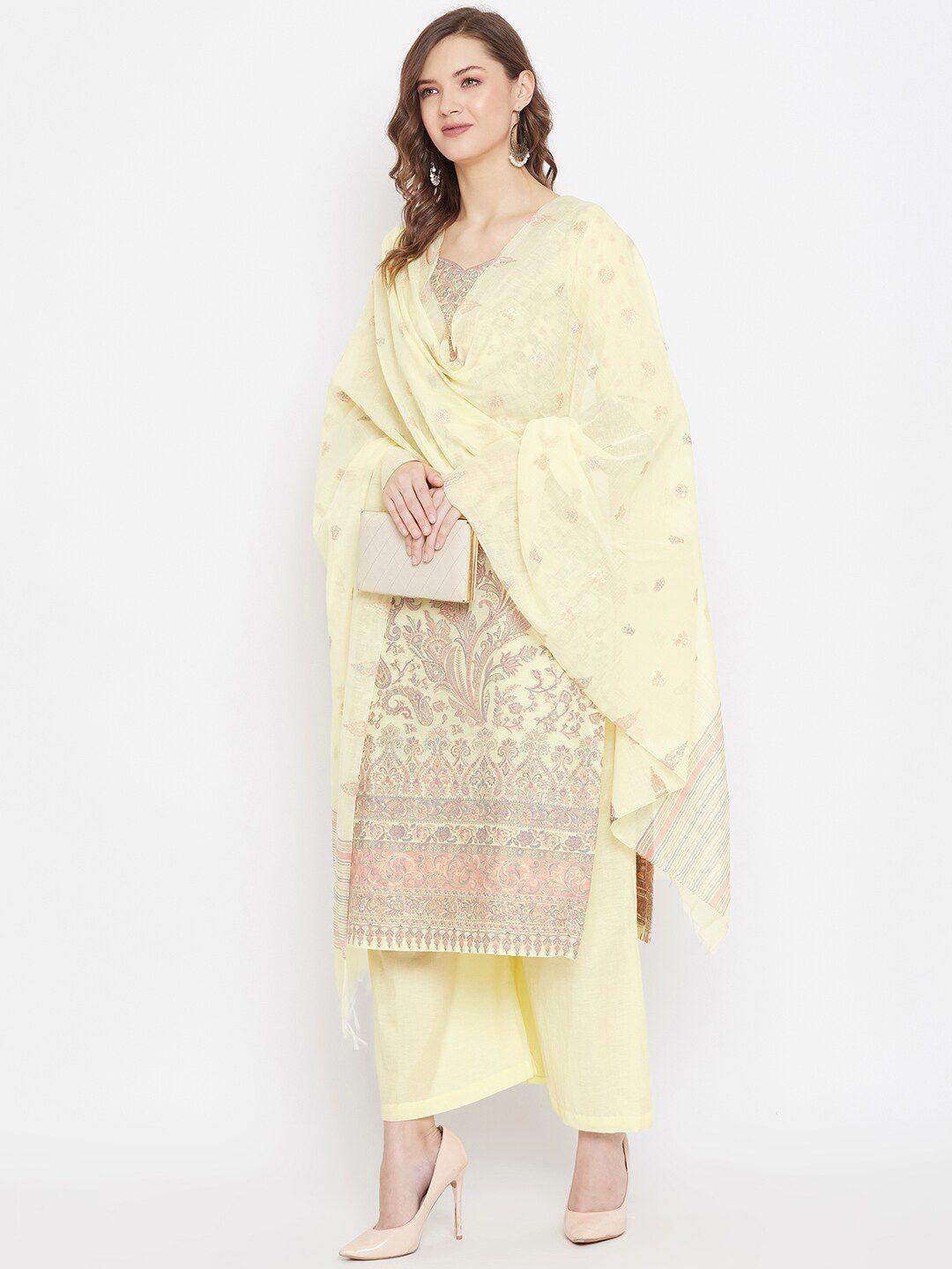 safaa women yellow & pink embroidered unstitched dress material