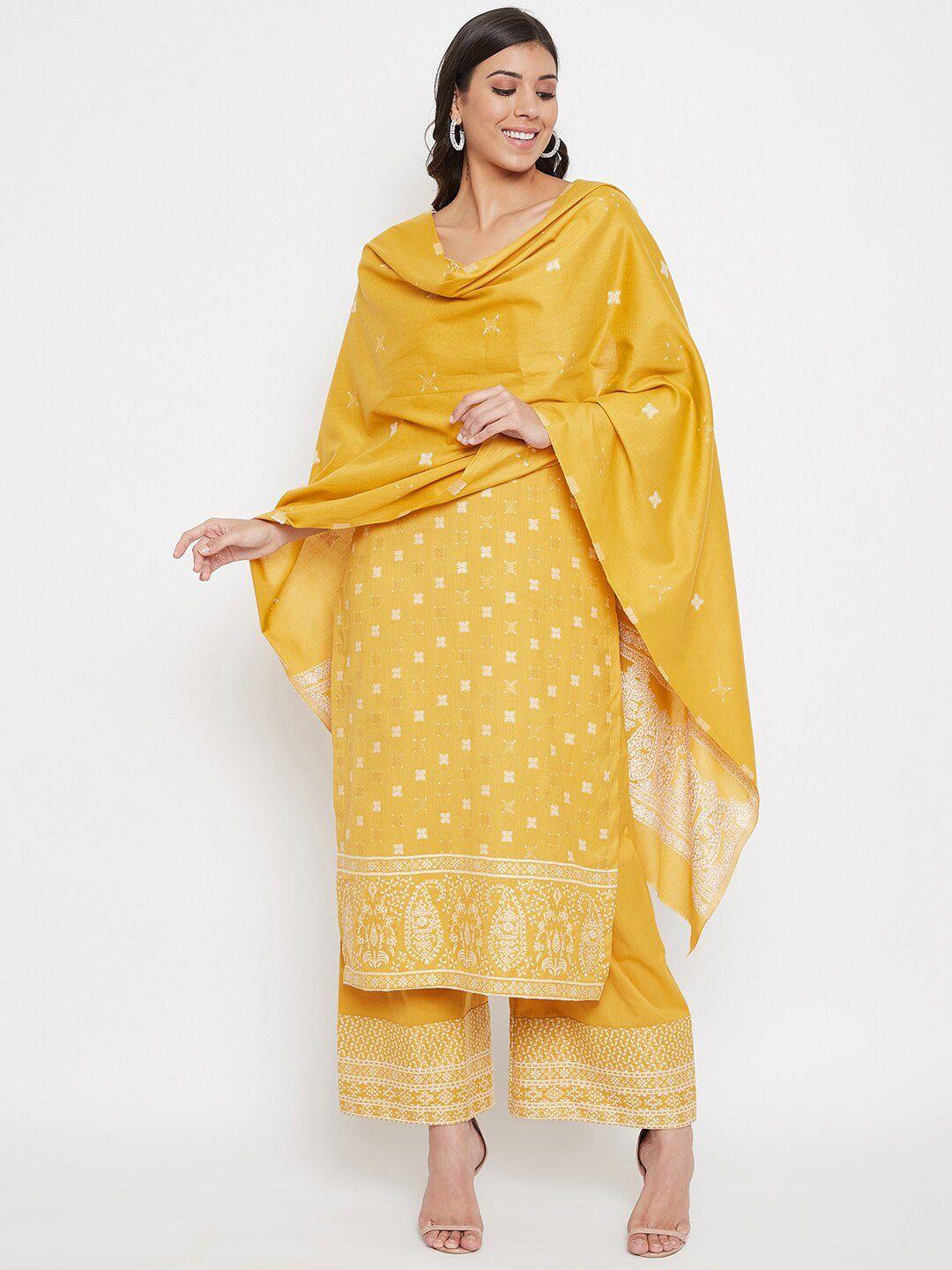 safaa women yellow & white embroidered unstitched dress material