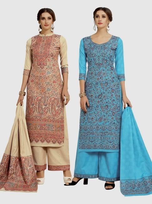 safaa beige & blue woven pattern unstitched dress material - pack of 2