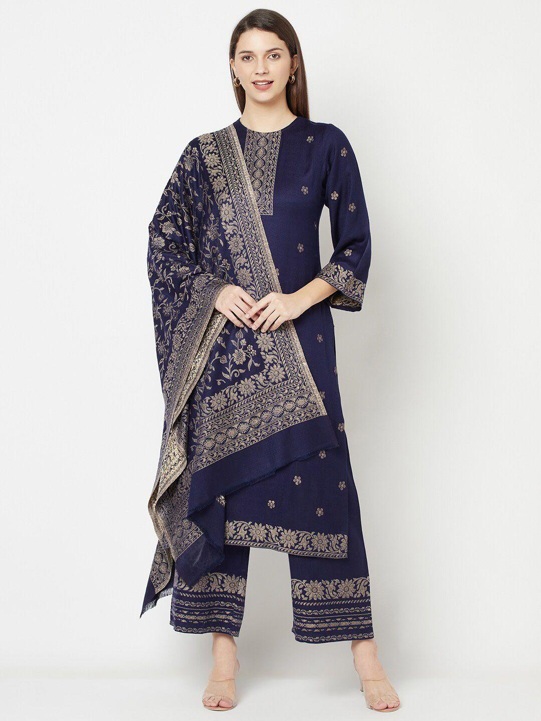 safaa blue & gold-toned acrylic wool unstitched dress material