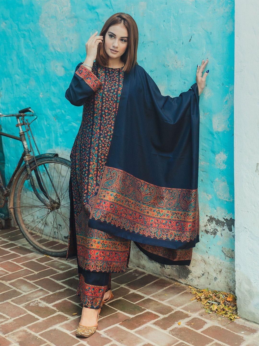safaa blue & red viscose rayon unstitched dress material