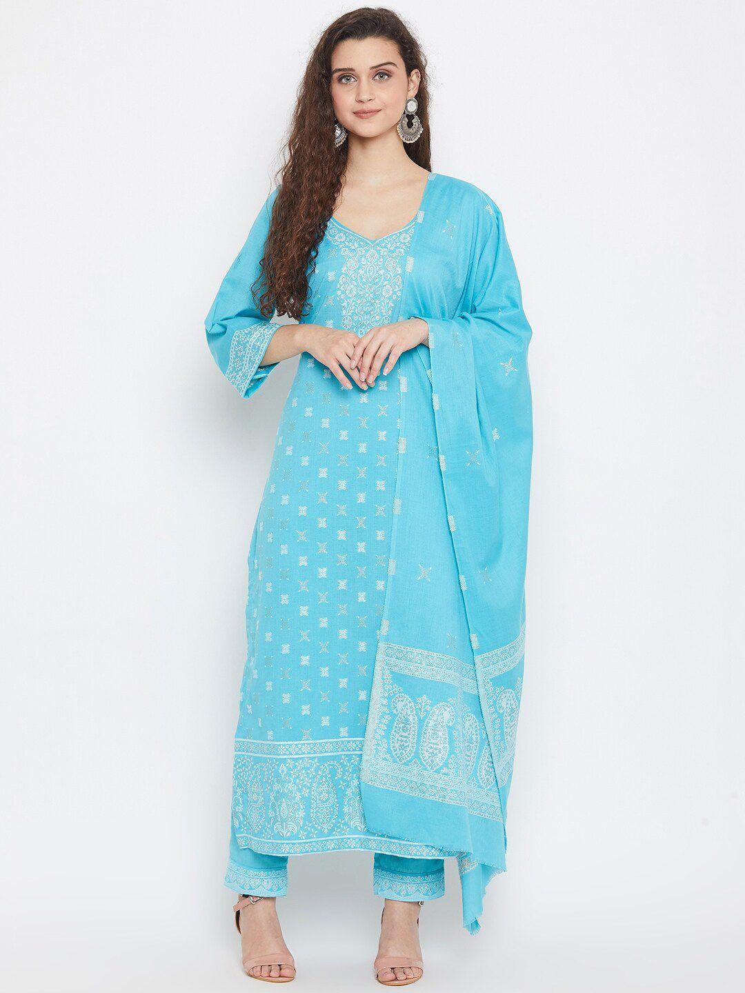 safaa blue & white pure cotton woven design unstitched dress material for summer