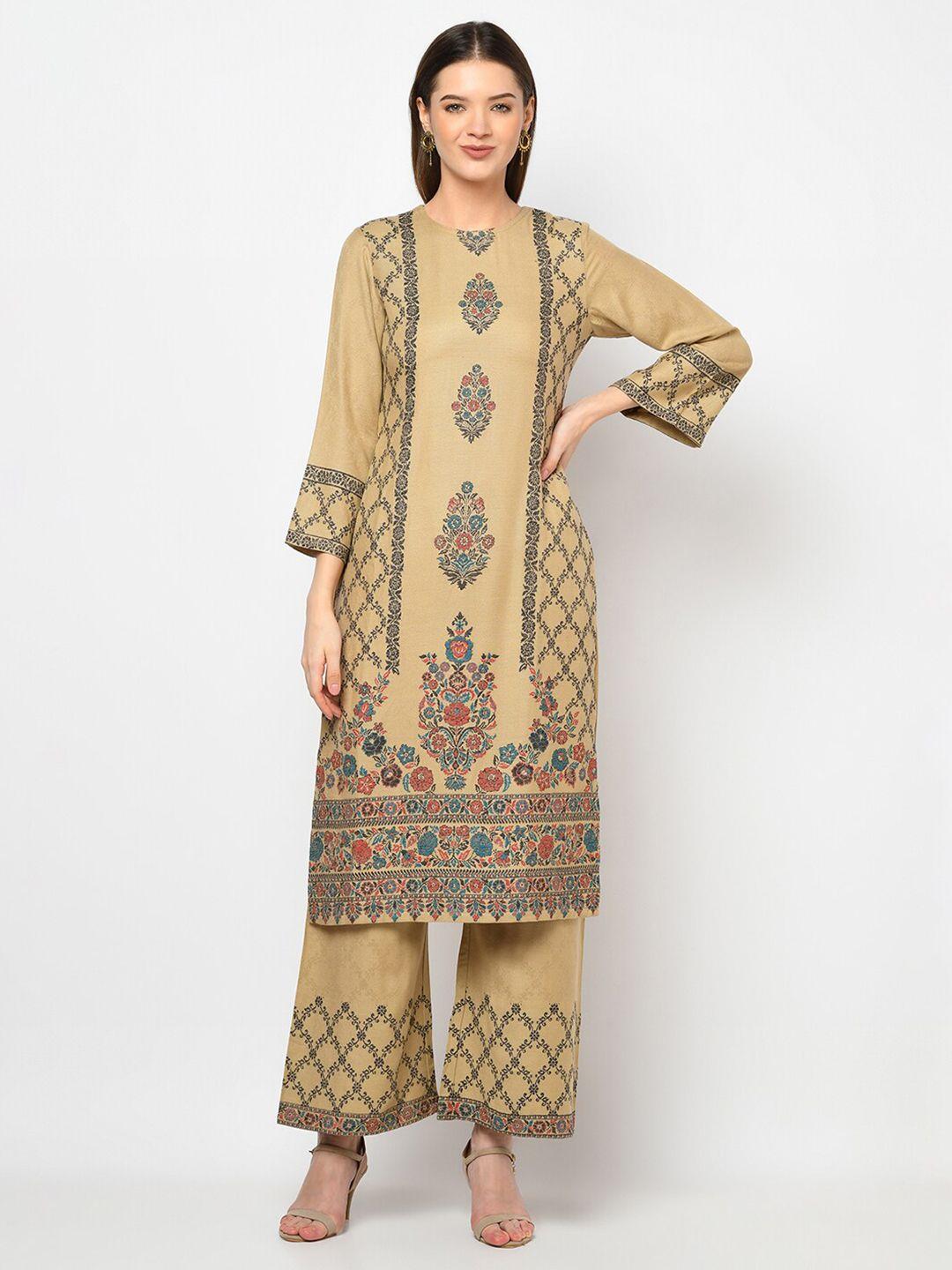 safaa brown & blue woven design acro wool unstitched dress material