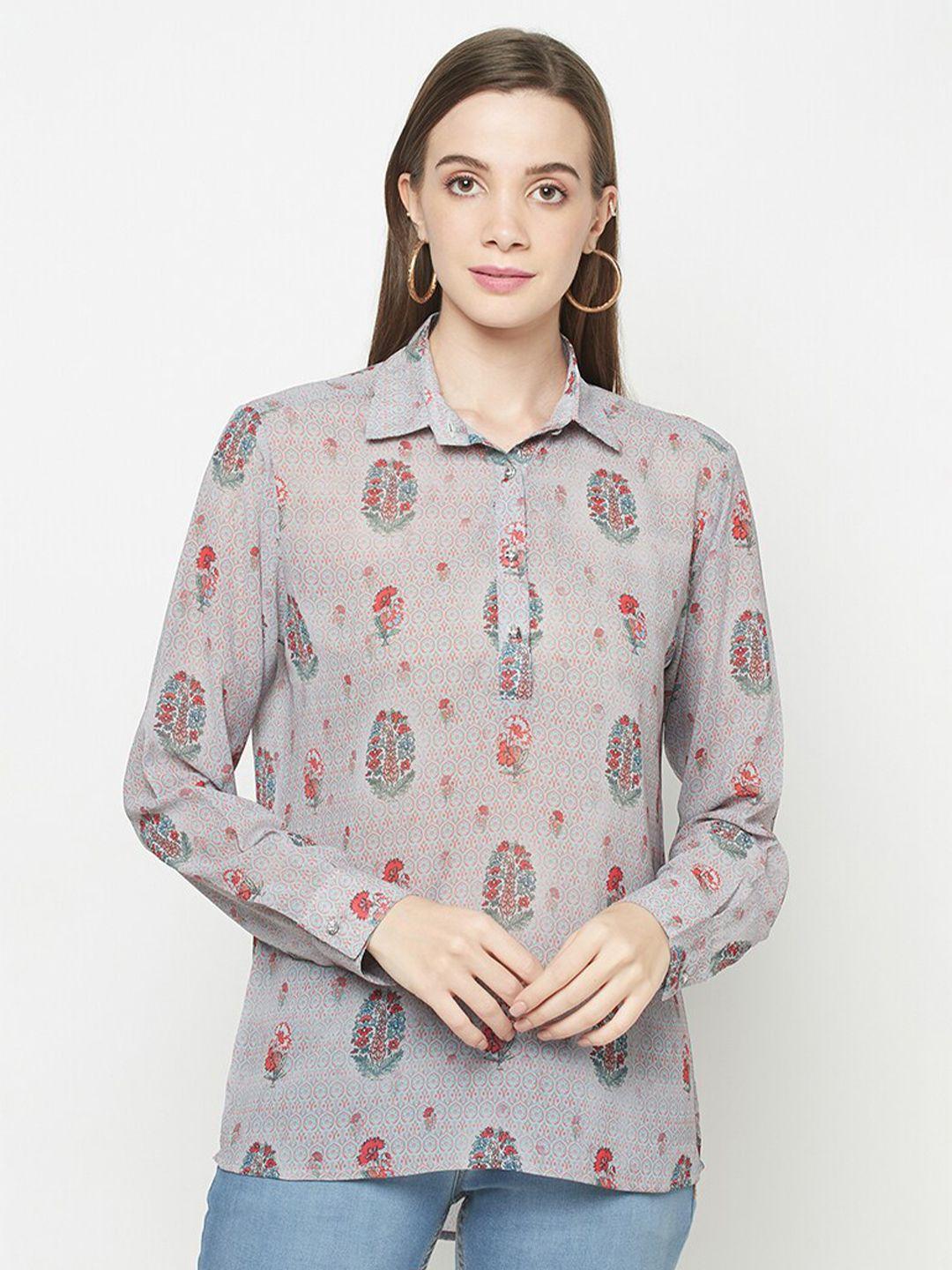 safaa grey & red print georgette shirt style top