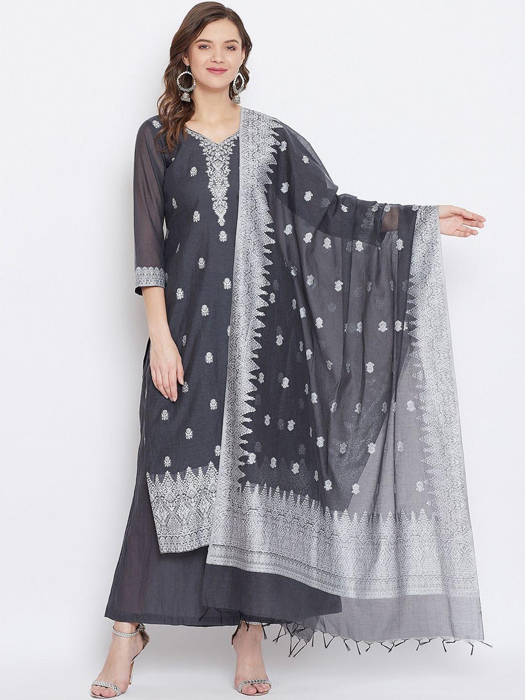 safaa grey & silver-toned cotton blend woven design unstitched dress material for summer