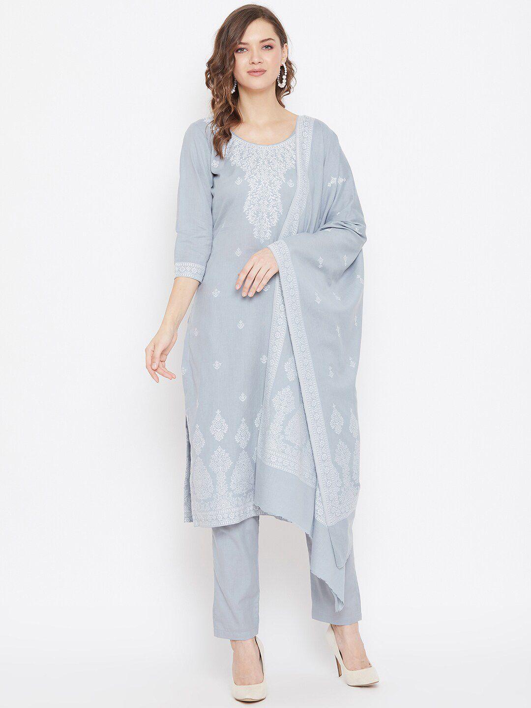 safaa grey & white pure cotton woven design unstitched dress material for summer