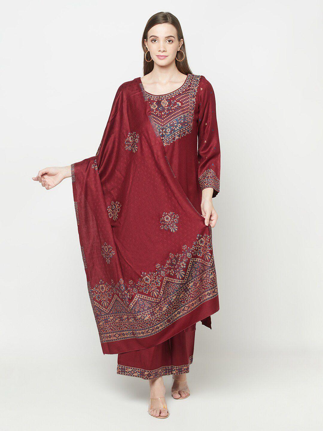 safaa maroon & blue acro wool  unstitched dress material