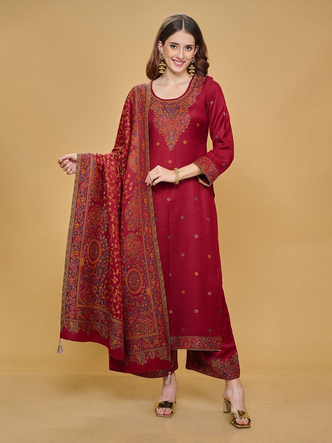 safaa maroon & blue floral printed unstitched dress material