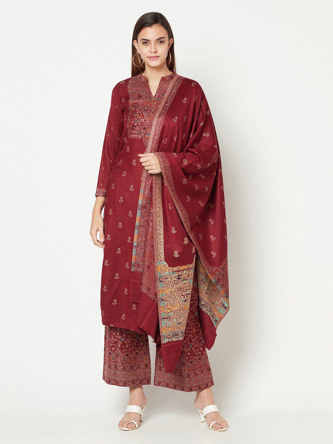 safaa maroon & gold-toned woven design acro wool unstitched dress material