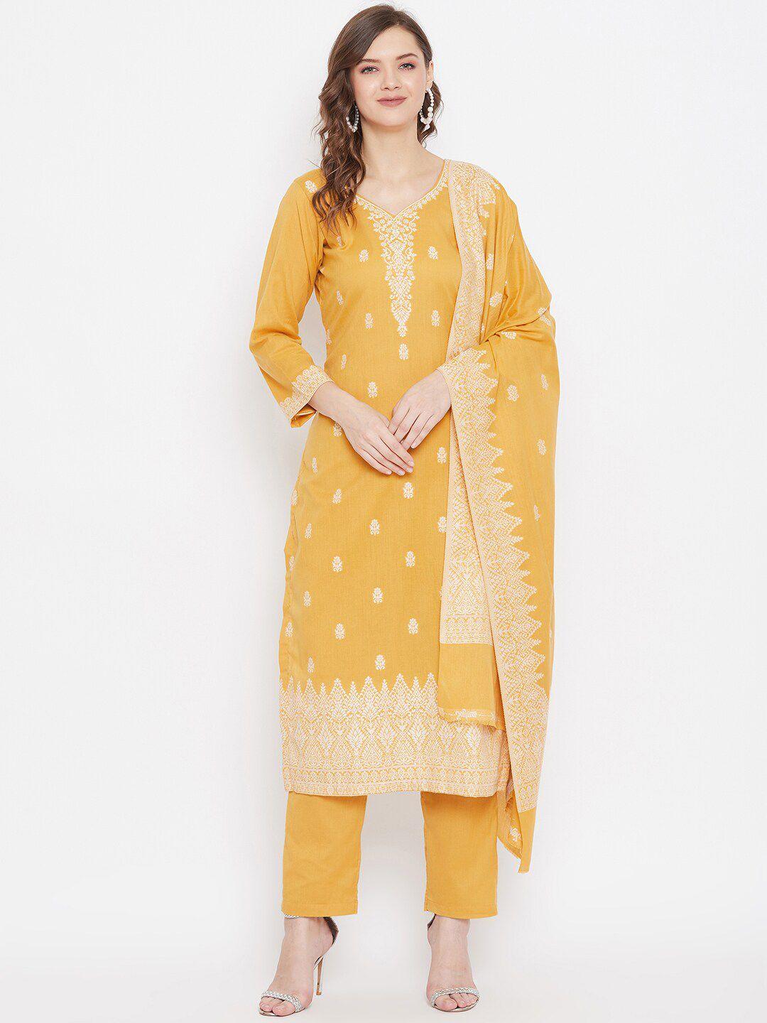 safaa mustard & white woven design pure cotton unstitched dress material