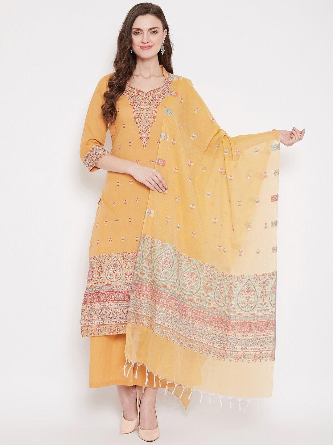 safaa mustard yellow & red cotton blend woven design unstitched dress material for summer