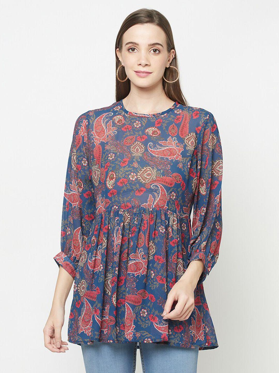 safaa navy blue & red paisley print georgette top