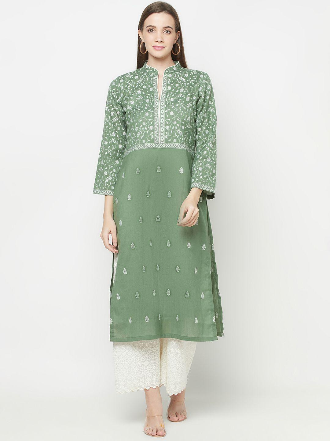 safaa olive green & white ethnic motifs woven design kurti