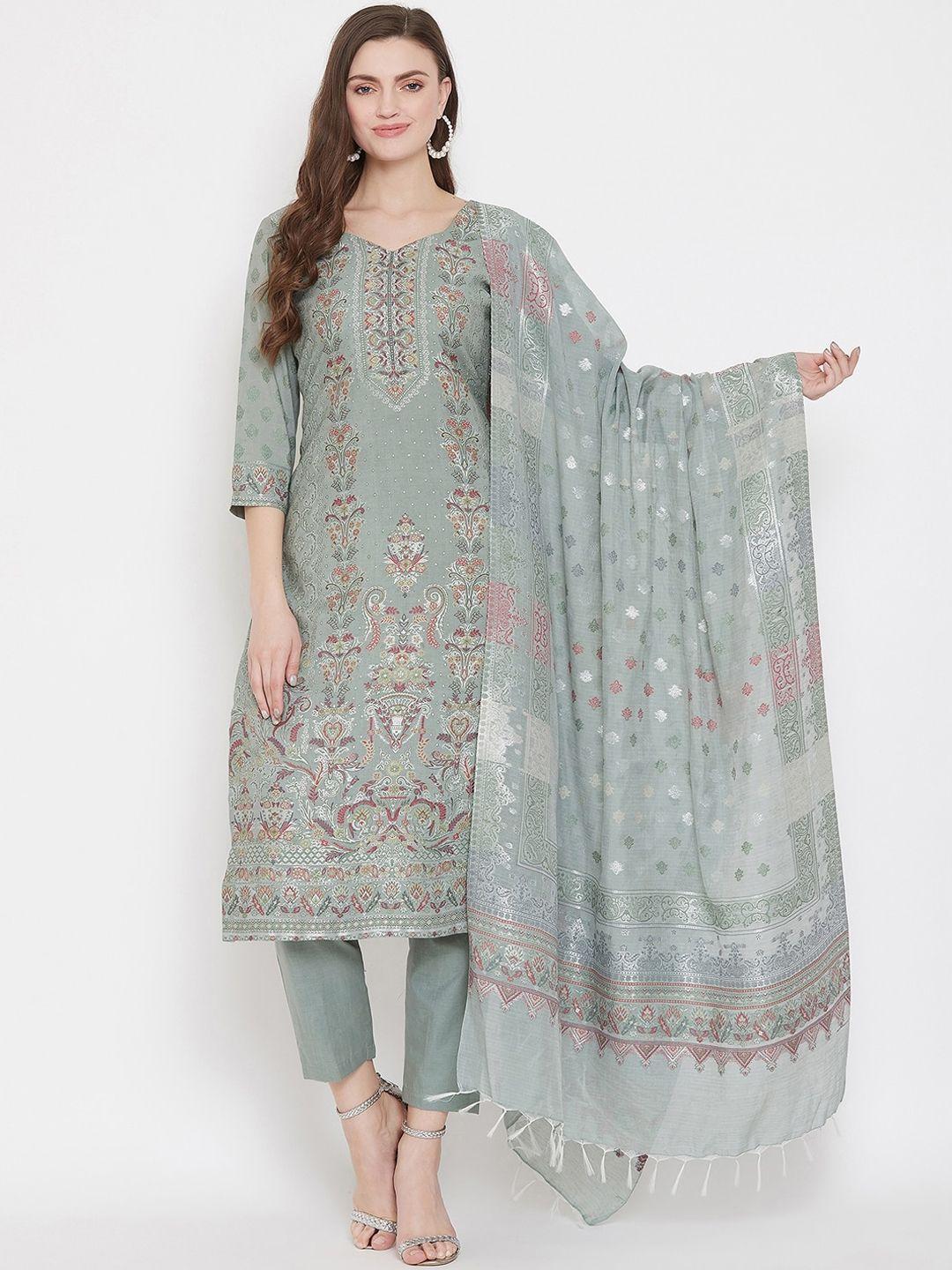 safaa olive green cotton blend woven design unstitched dress material for summer