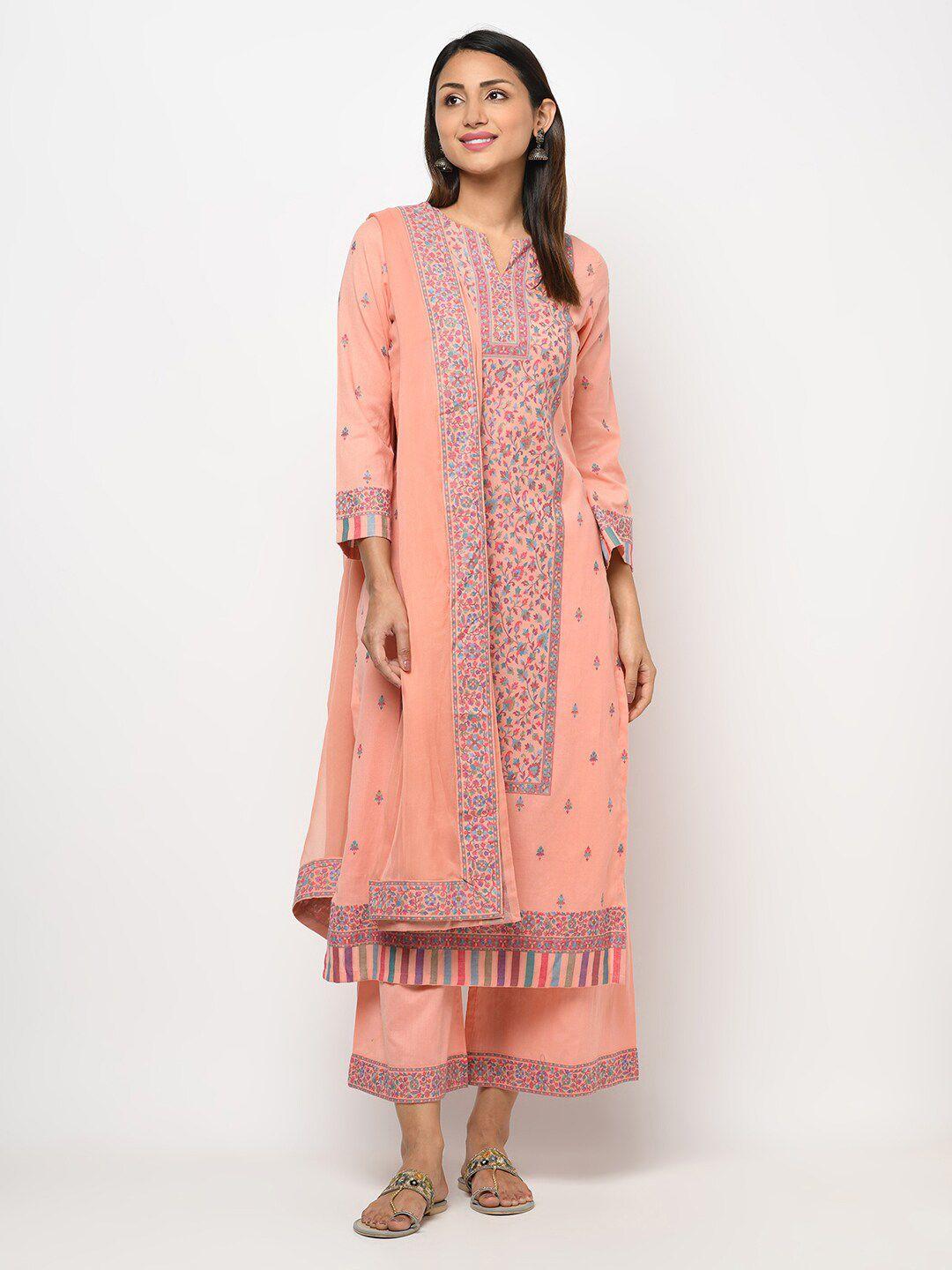 safaa peach-coloured & blue printed unstitched dress material