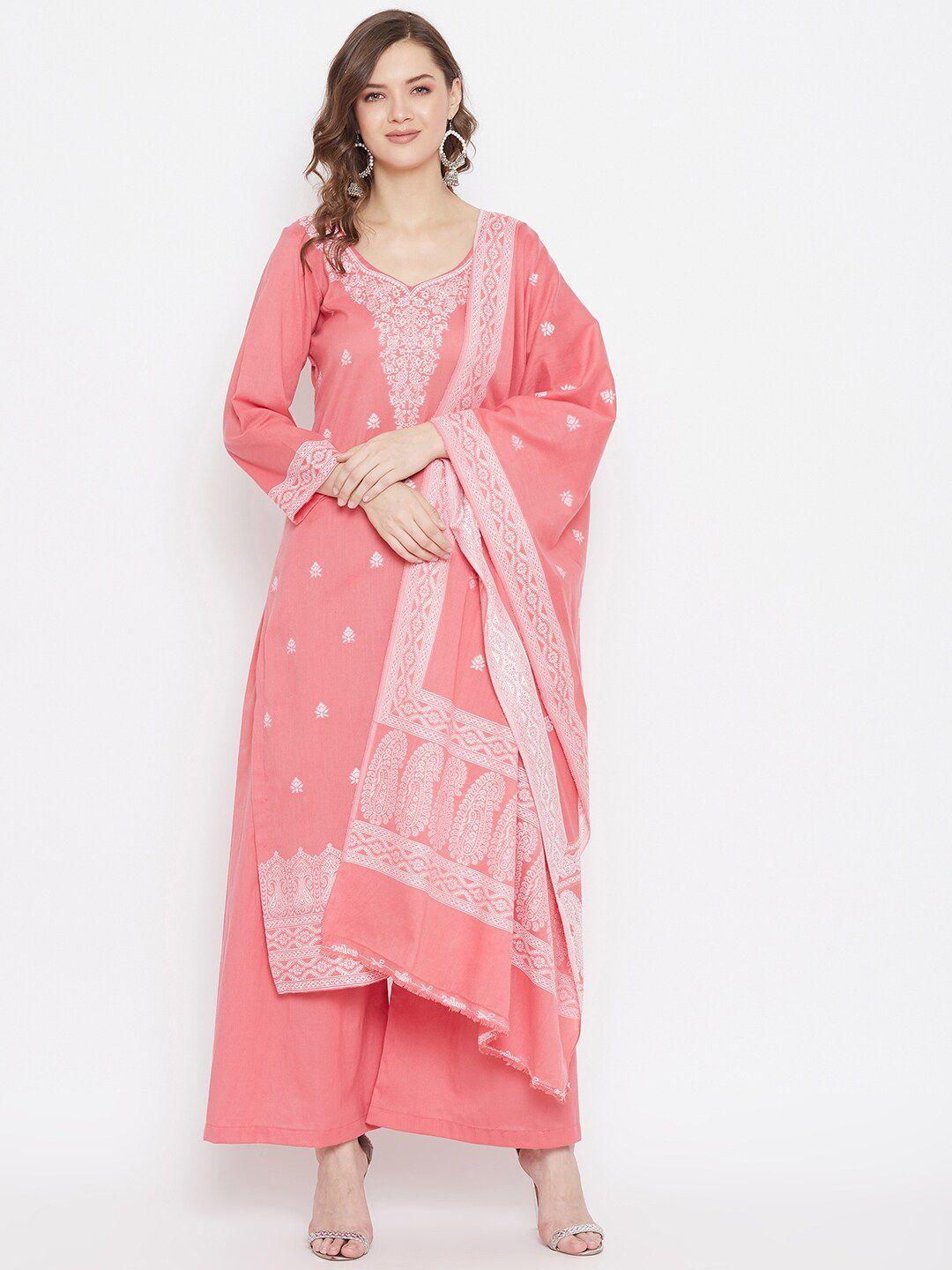 safaa peach-coloured & white pure cotton woven design unstitched dress material for summer