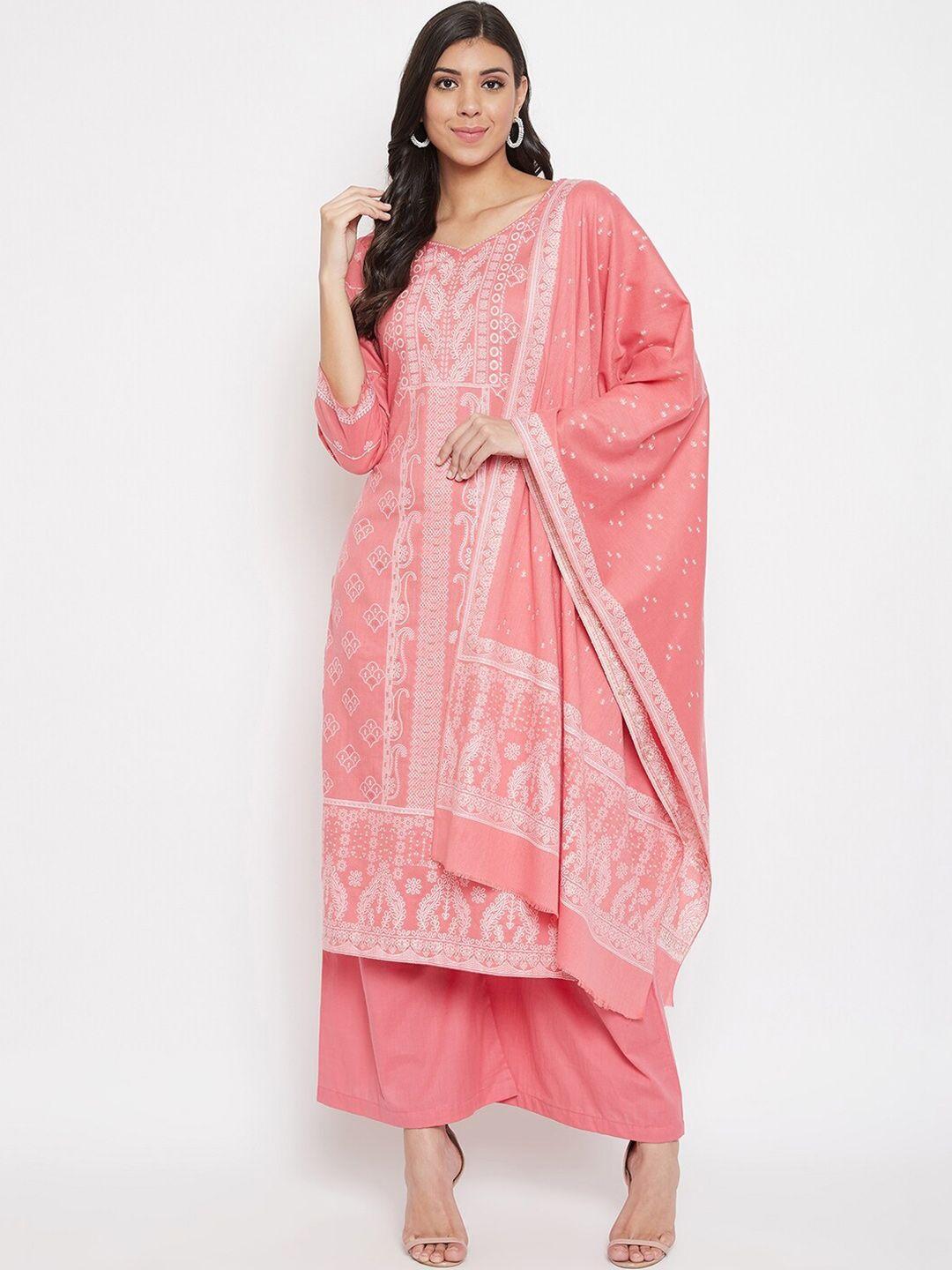 safaa peach-coloured & white pure cotton woven design unstitched dress material for summer