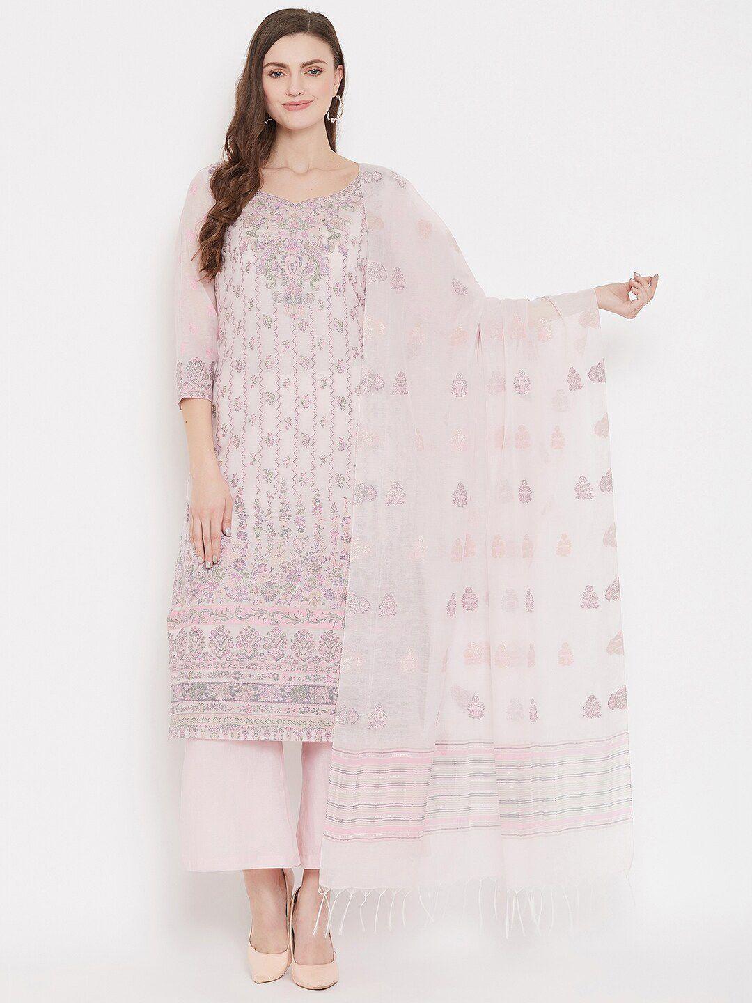 safaa pink & grey cotton blend woven design unstitched dress material for summer