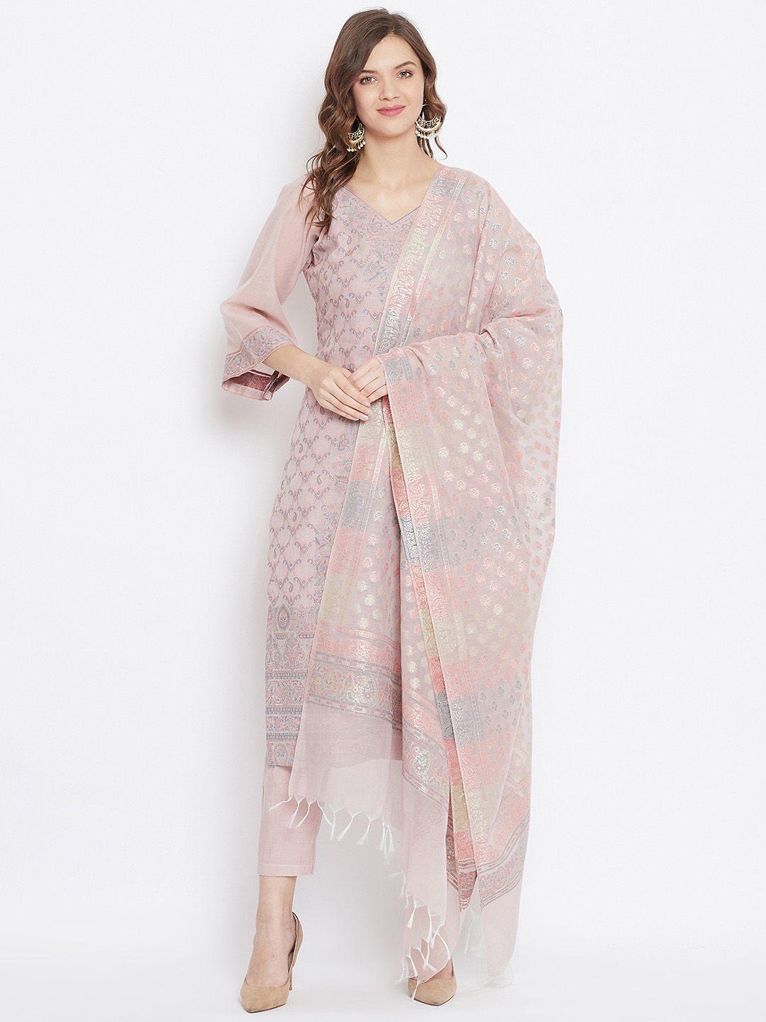 safaa pink & grey cotton blend woven design unstitched dress material for summer