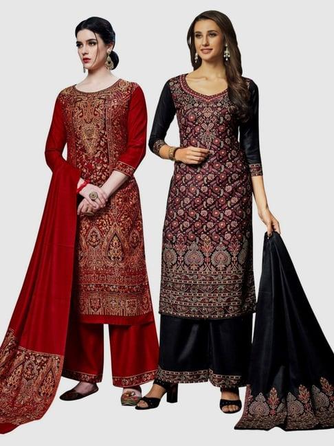 safaa red & black woven pattern unstitched dress material - pack of 2