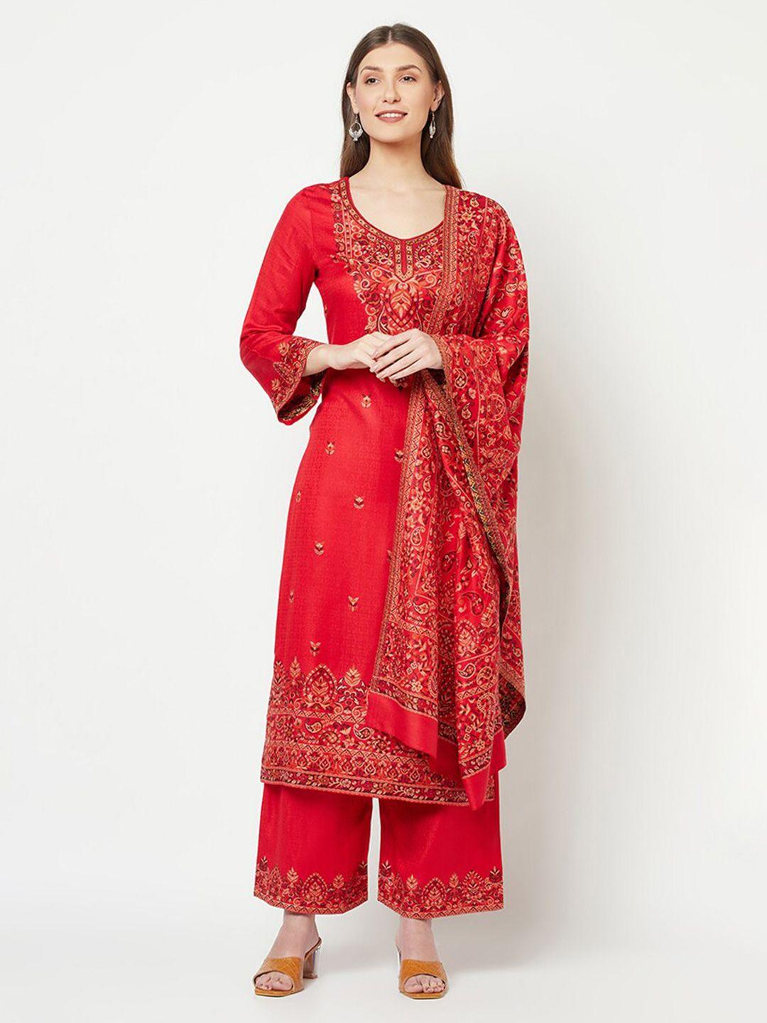 safaa red & cream-coloured viscose rayon unstitched dress material