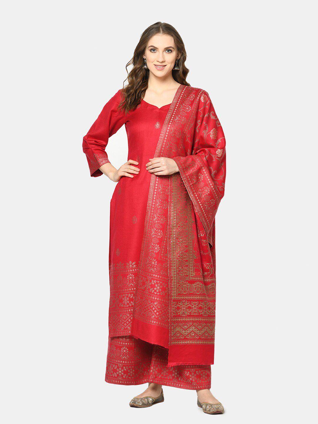 safaa red & gold-coloured woven design viscose rayon unstitched dress material