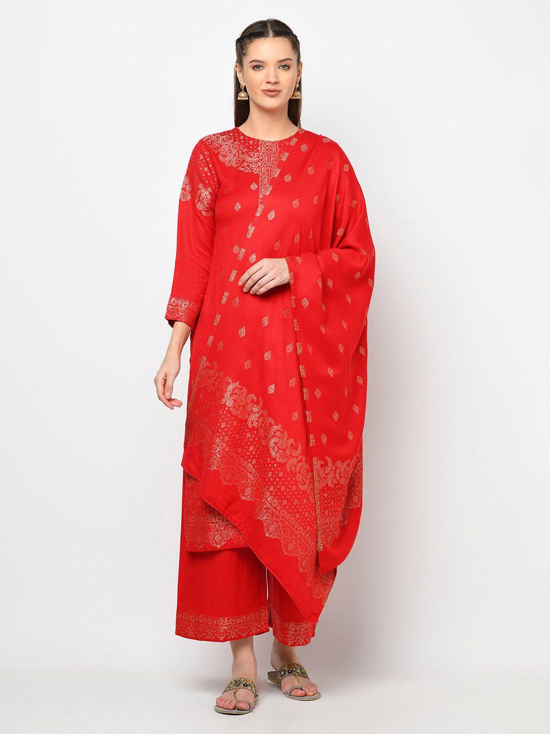 safaa red & gold-toned woven design viscose rayon unstitched dress material