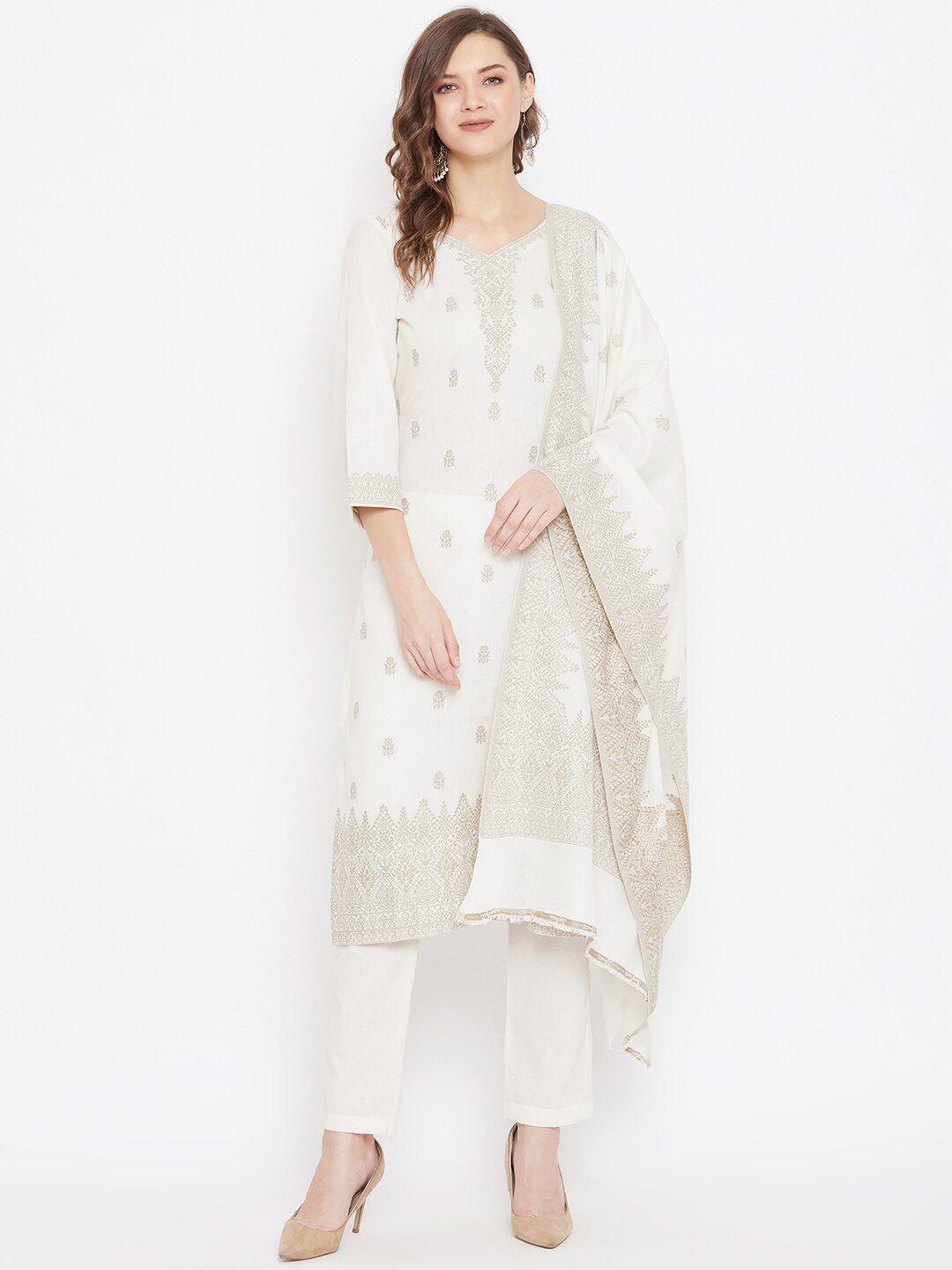 safaa white & beige pure cotton jacquard chikankari woven design unstitched dress material for summer