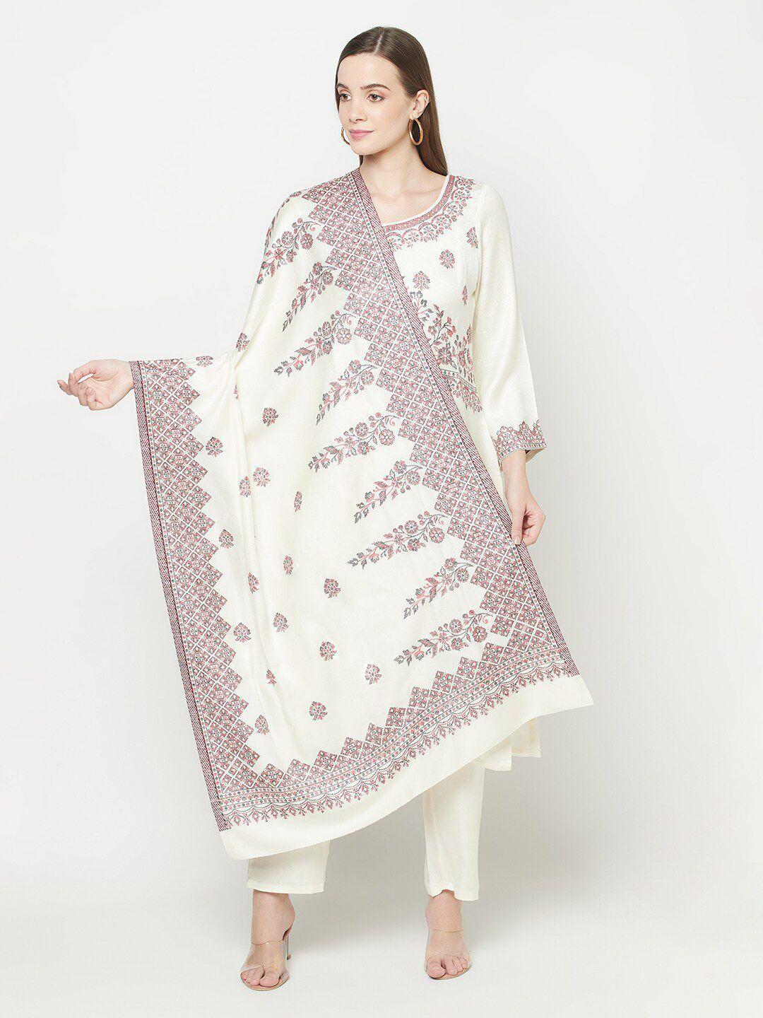 safaa white & pink acro wool unstitched dress material