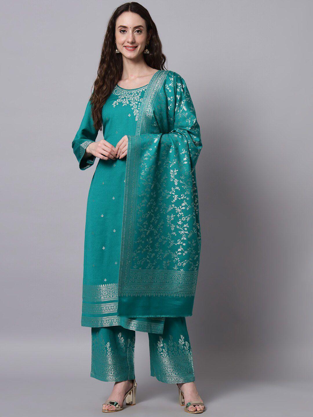 safaa women green & silver-toned woven design unstitched dress material