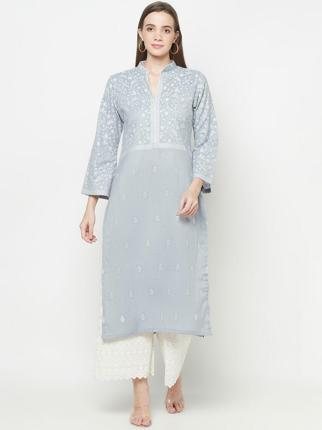 safaa women grey & silver-toned woven design cotton kurti