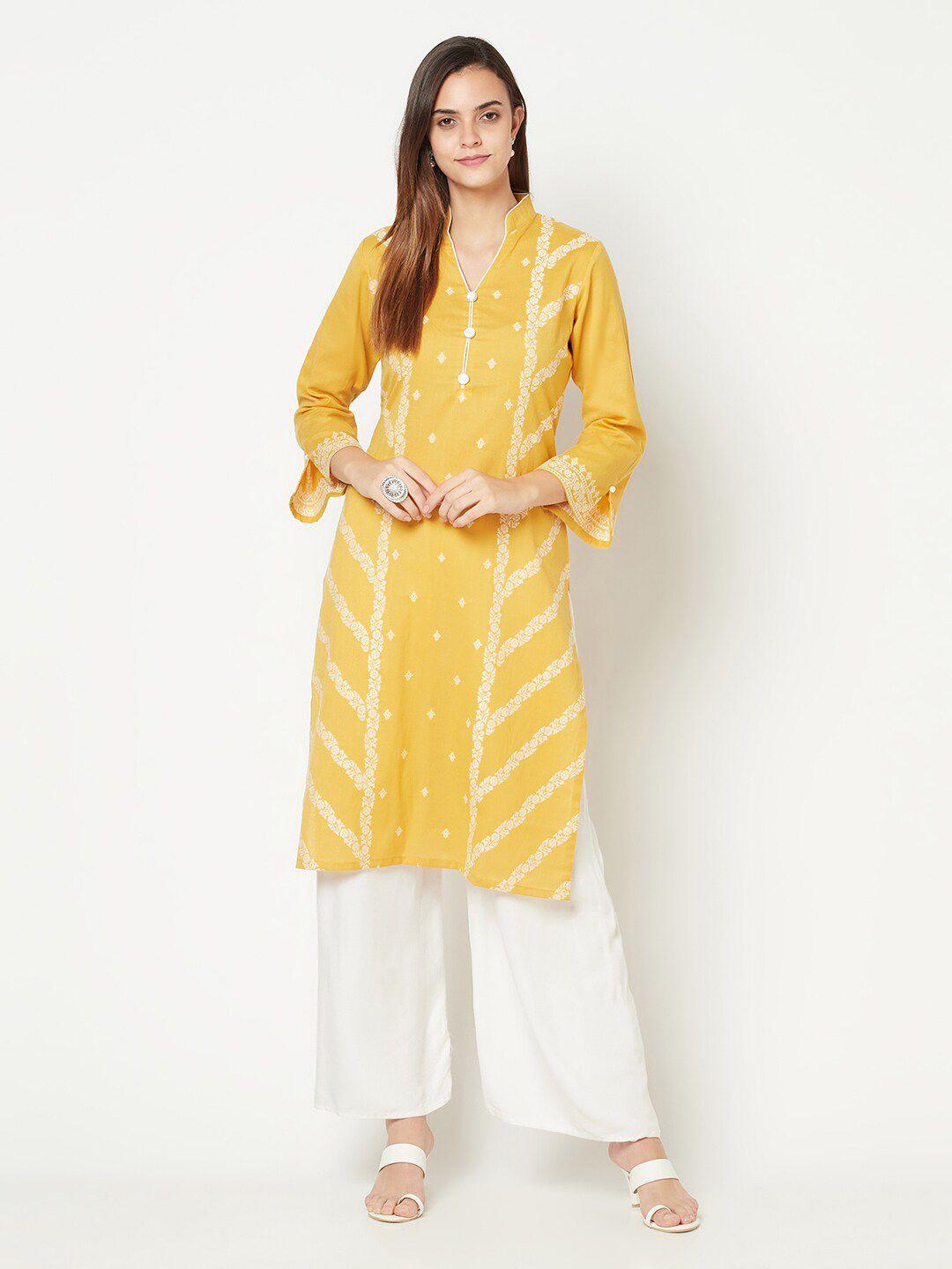 safaa women mustard yellow & white floral flared sleeves floral kurta