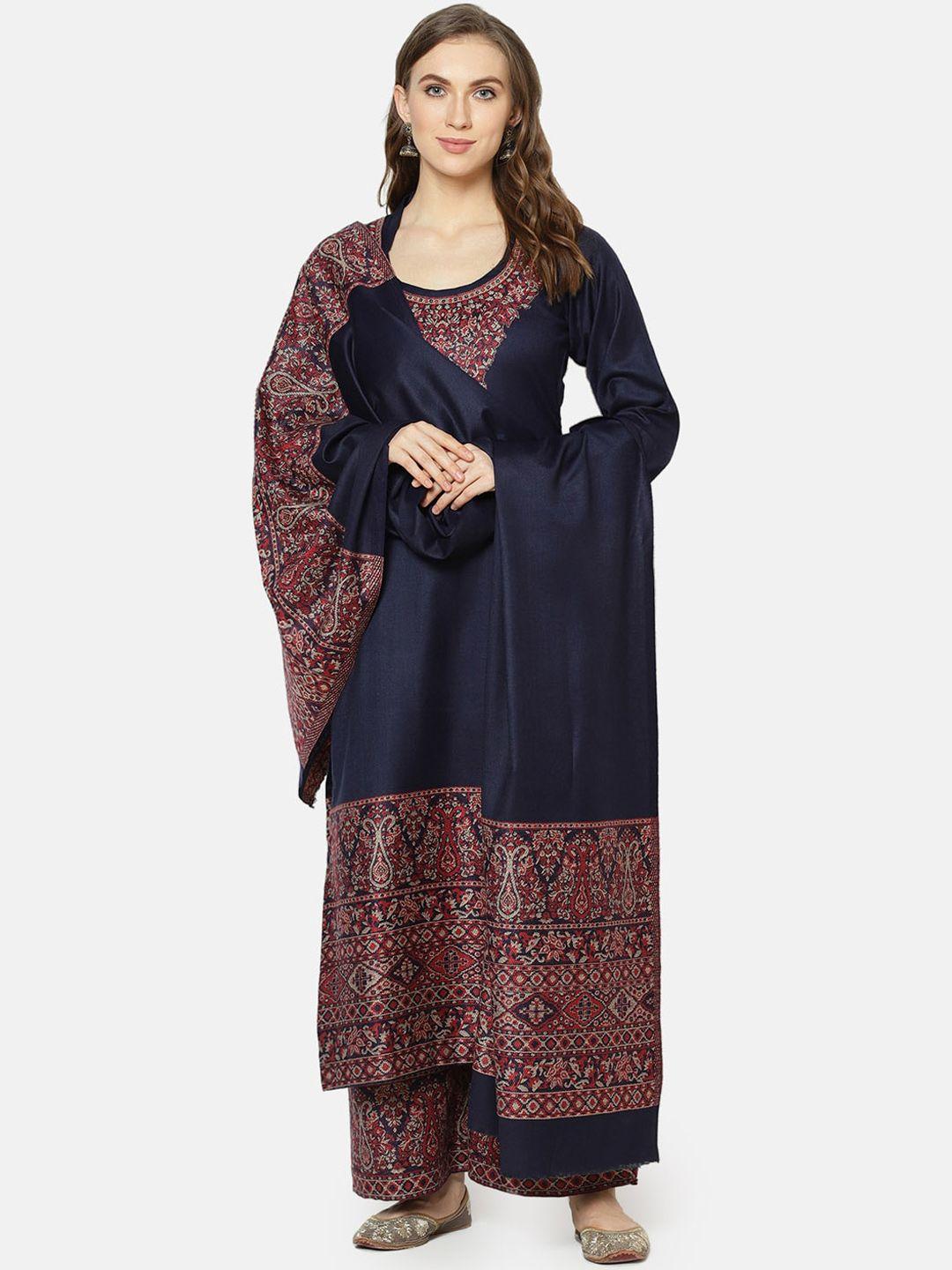 safaa women navy acro wool woven suit & dupatta (unstiched) for winter