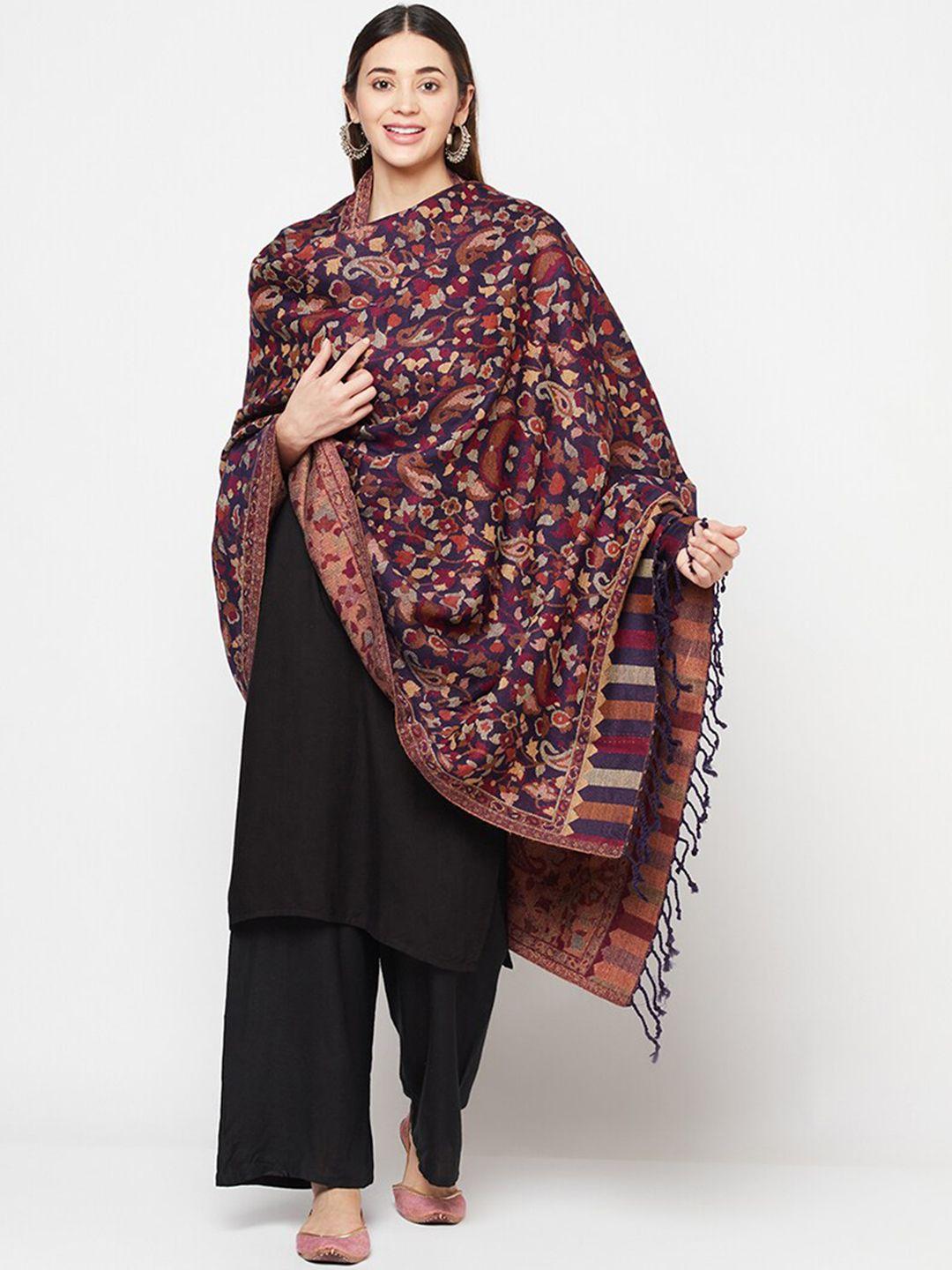 safaa women navy blue & maroon woven design shawl