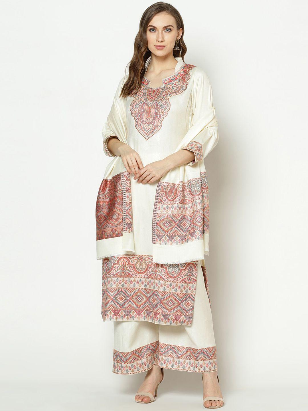 safaa women off-white acro wool woven unstitched suit & dupatta for winter