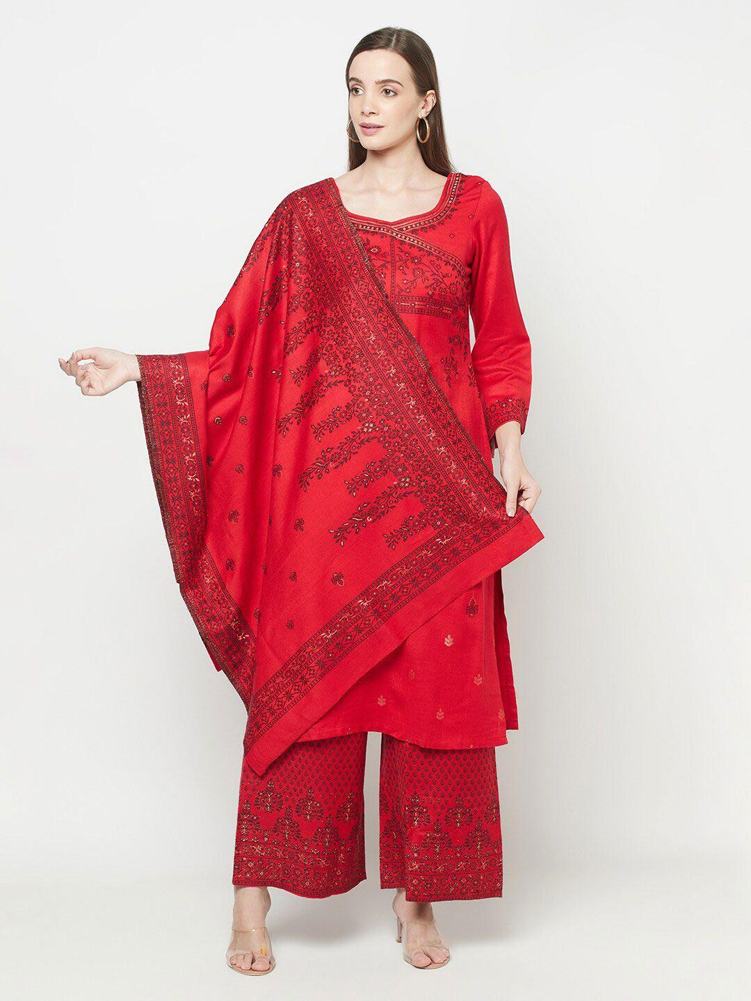 safaa women red & black ethnic motifs woven designed unstitched dress material