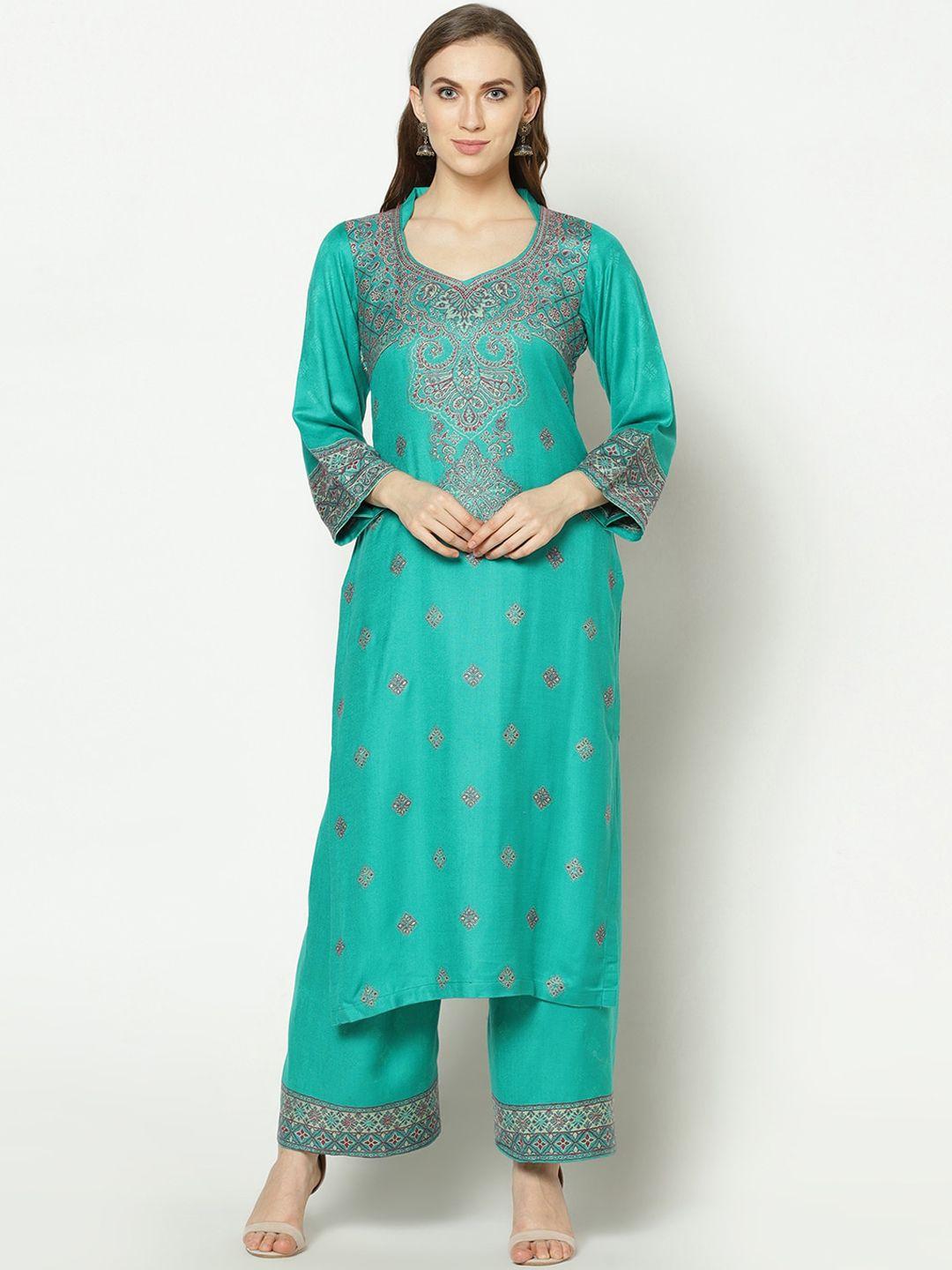 safaa women sea-green acro wool woven unstitched suit & dupatta with four side border for winter