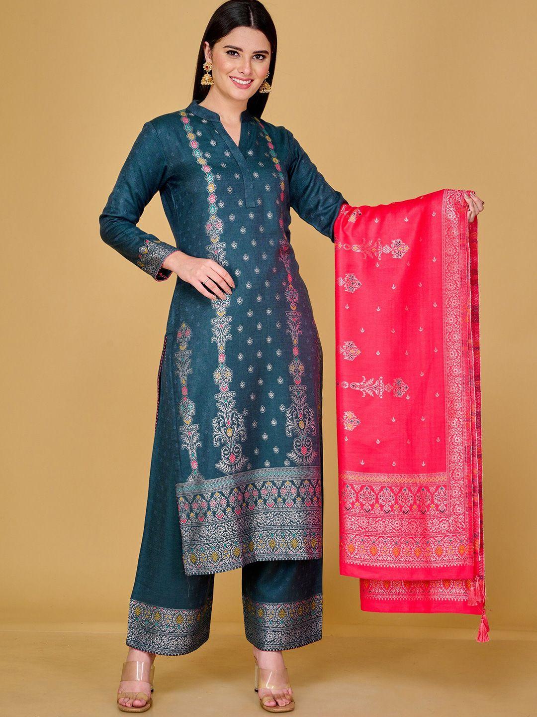 safaa women teal & silver-toned woven design unstitched dress material