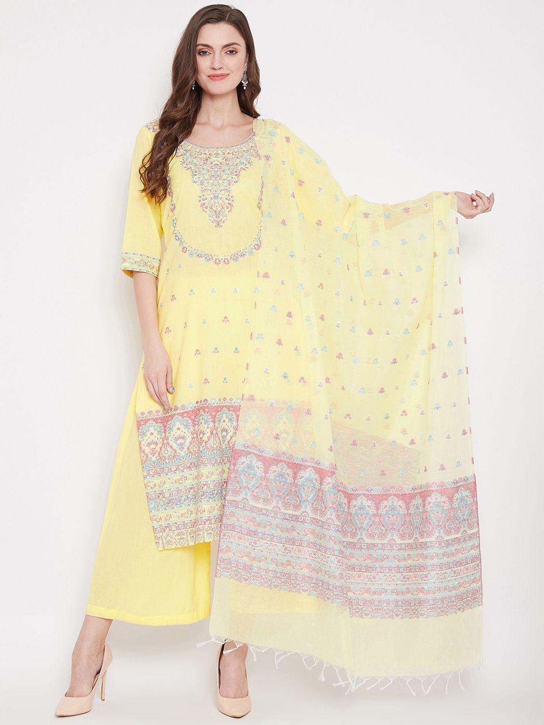 safaa yellow & blue cotton blend woven design unstitched dress material for summer
