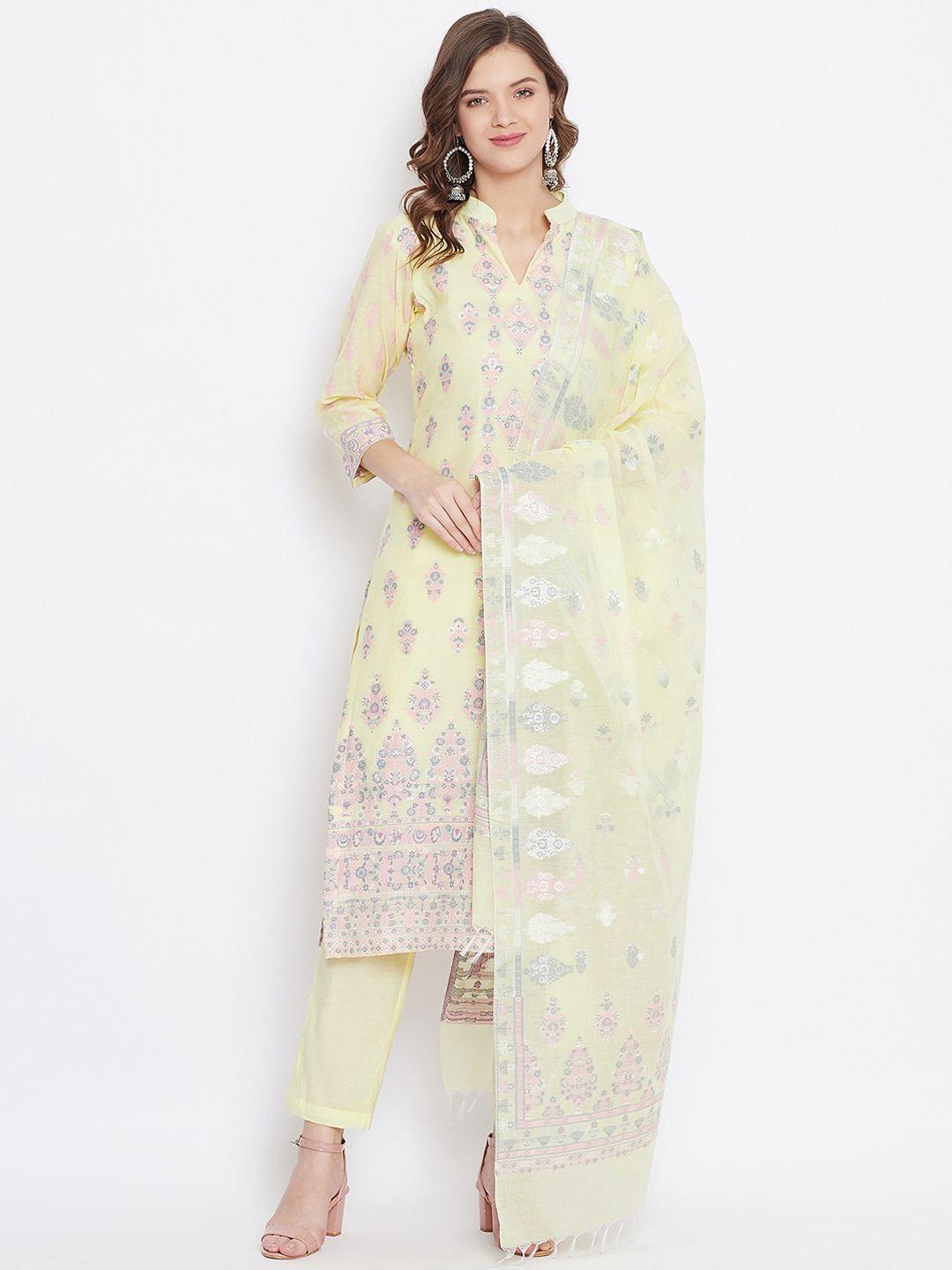 safaa yellow & pink cotton blend woven design unstitched dress material for summer
