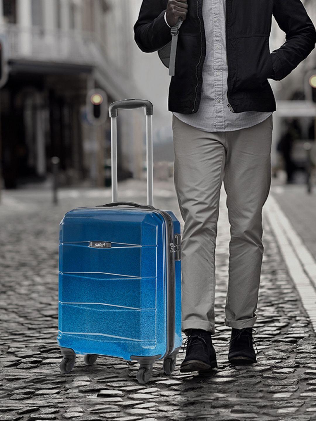 safari blue printed small hard-sided trolley suitcase