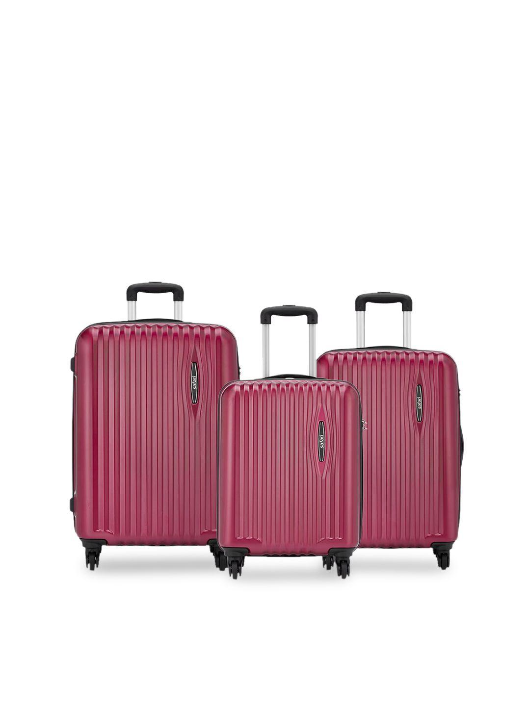 safari set of 3 magneta textured 360-degree rotation hard-sided trolley suitcases