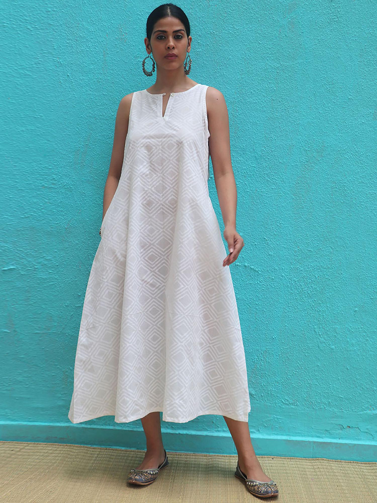 safed ziva white cotton block printed midi dress