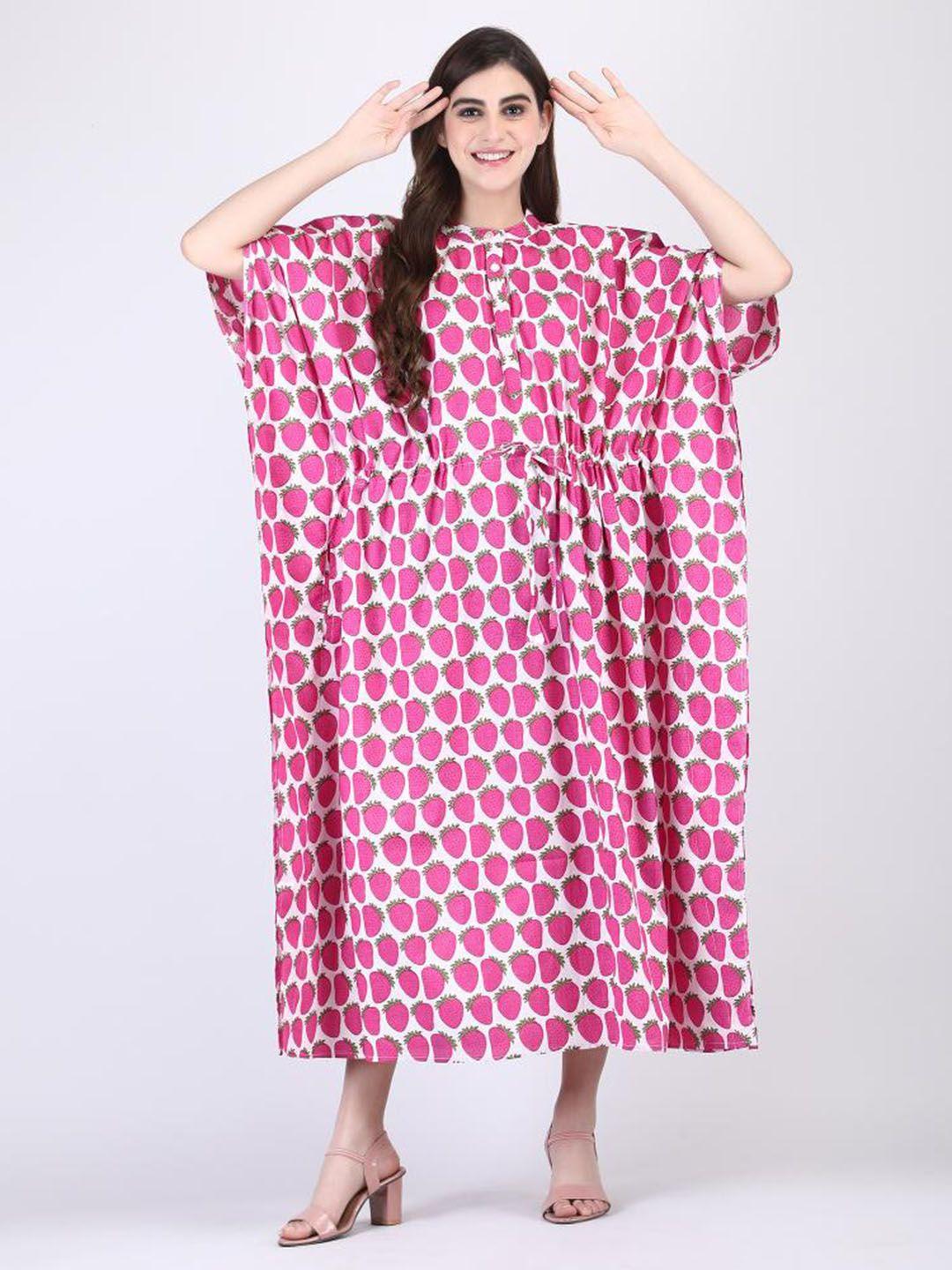 safeera pink floral printed cotton flared sleeve kaftan dress